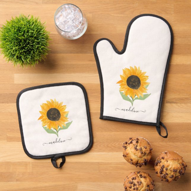 Rustic Sunflower Personalized Name Script Oven Mitt & Pot Holder Set (Top Down)