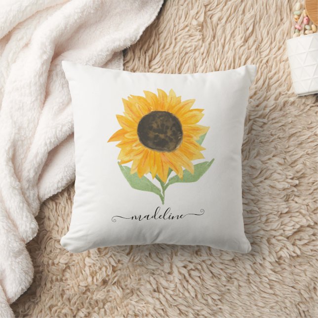 Rustic Sunflower Personalized Name Script Throw Pillow (Blanket)