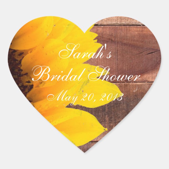 Rustic Sunflower Photo Bridal Shower Heart Sticker (Front)