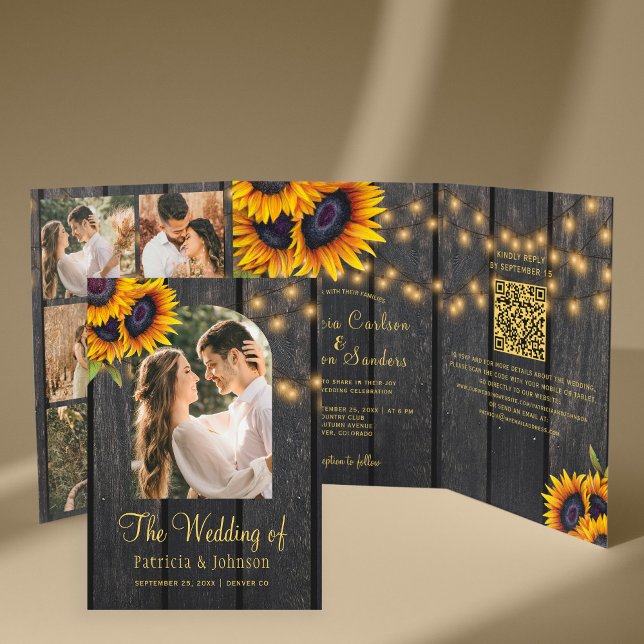 Rustic sunflower photo collage QR RSVP wedding Tri-Fold Invitation (Creator Uploaded)