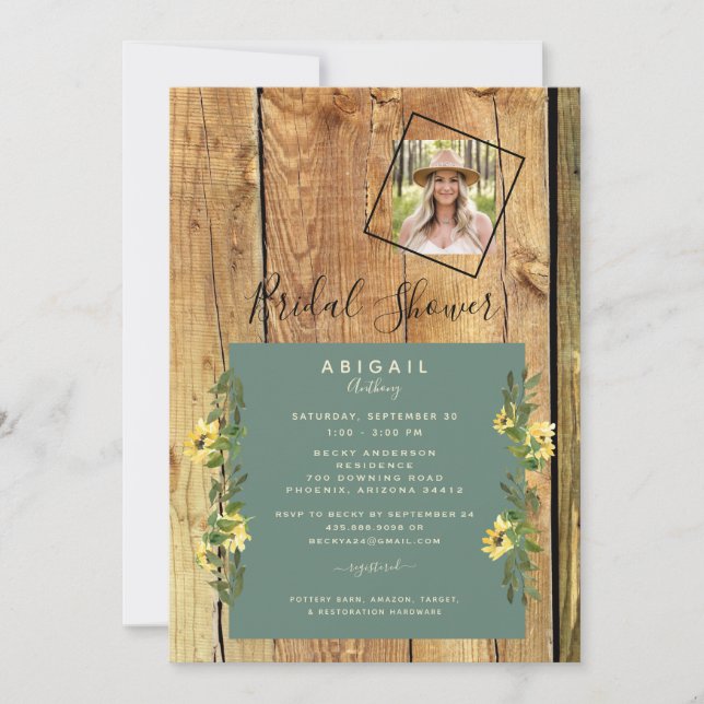Rustic Sunflower Photo Sage Bridal Shower Invitation (Front)