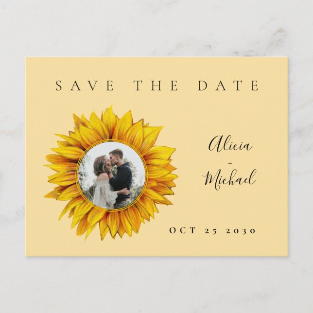 Rustic sunflower photo wedding save the date announcement postcard (Front)