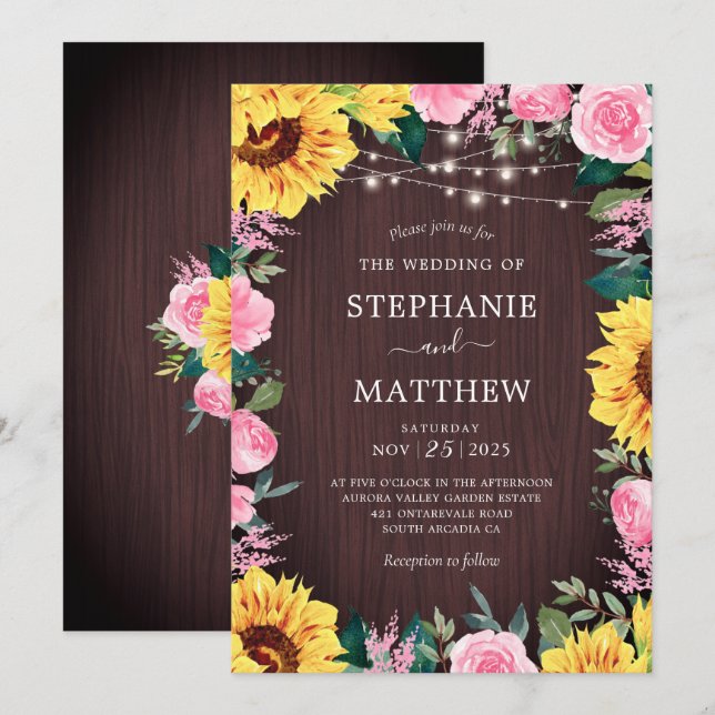 Rustic Sunflower PInk Floral Lights Wedding Invitation (Front/Back)