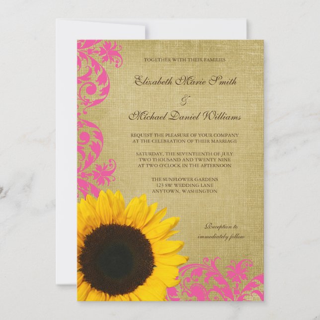 Rustic Sunflower Pink Swirls Wedding Invitation (Front)