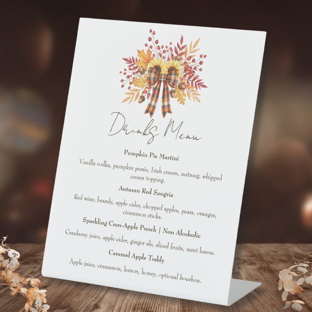 Rustic Sunflower & Plaid Thanksgiving Drinks Menu Pedestal Sign (Rustic Plaid Bow Thanksgiving Drinks Menu)