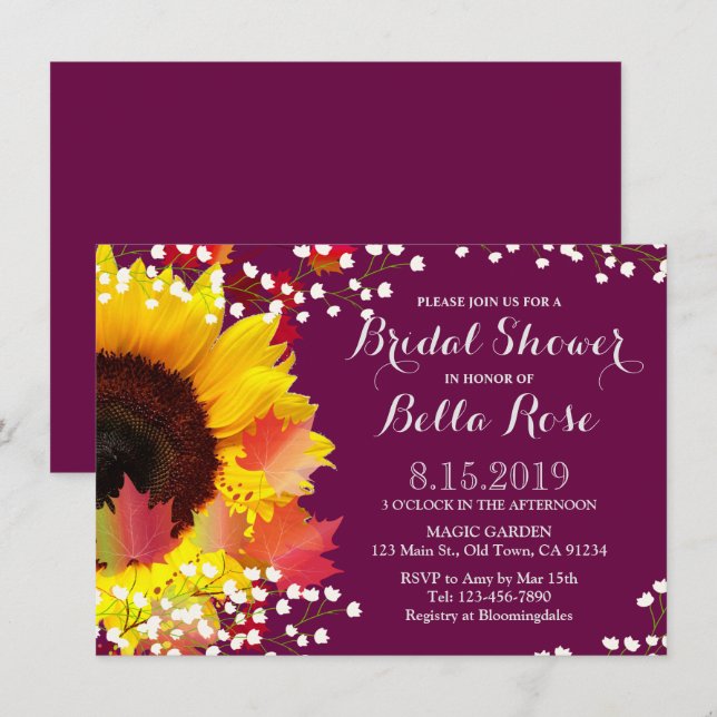 Rustic Sunflower Plum Bridal Shower Invitation (Front/Back)