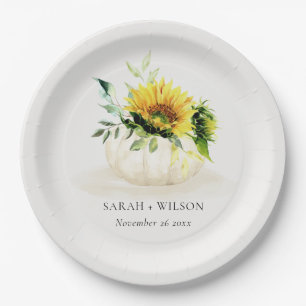 Rustic Sunflower Pumpkin Floral Watercolor Wedding Paper Plate
