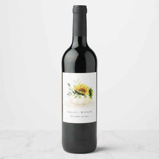 Rustic Sunflower Pumpkin Floral Watercolor Wedding Wine Label (Front)
