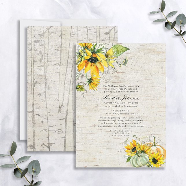 Rustic Sunflower Pumpkin Watercolor Birch Funeral Invitation (Creator Uploaded)