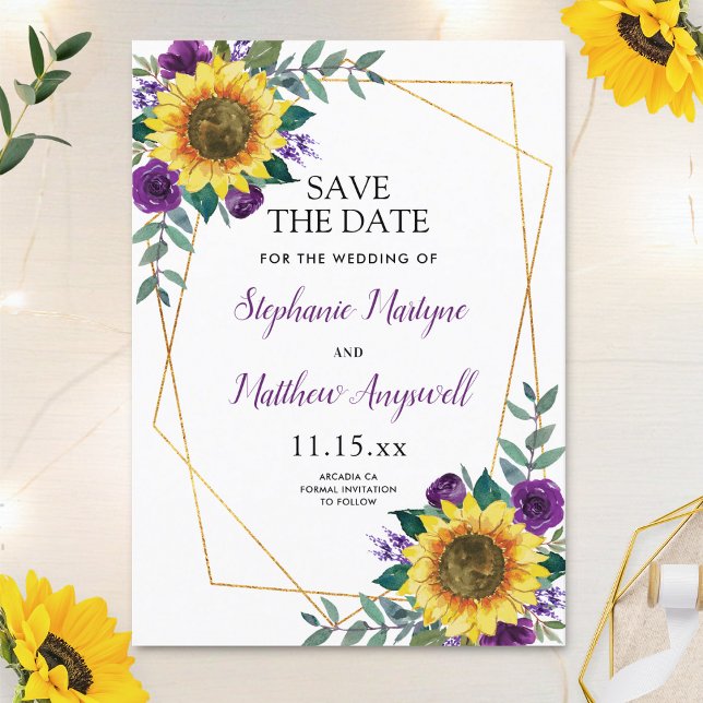 Rustic Sunflower Purple Floral Geometric Wedding Save The Date (Creator Uploaded)