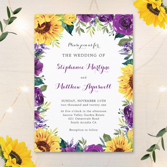 Rustic Sunflower Purple Floral Wedding Invitation (Creator Uploaded)