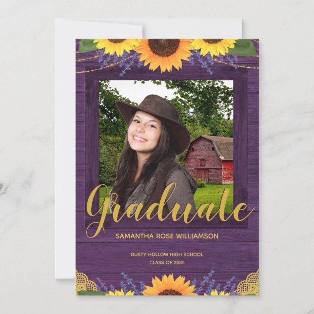Rustic Sunflower Purple Gold 2 Photo Graduation Announcement (Front)