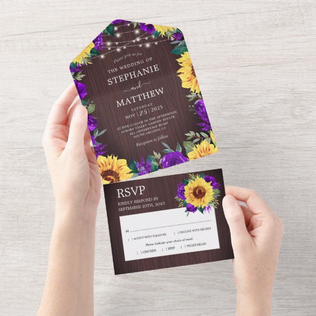 Rustic Sunflower Purple Roses Lights Wedding  All In One Invitation (Tearaway)