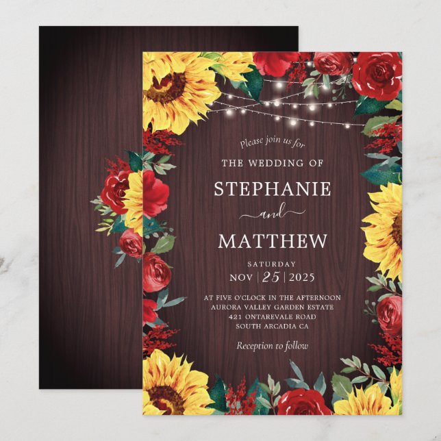 Rustic Sunflower Red Floral Lights Wedding Invitation (Front/Back)