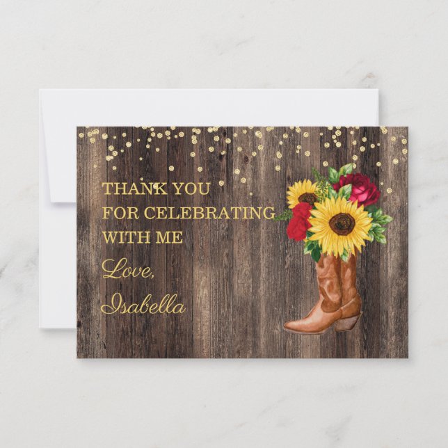 Rustic Sunflower Red Rose Boots Birthday Thank You Card (Front)