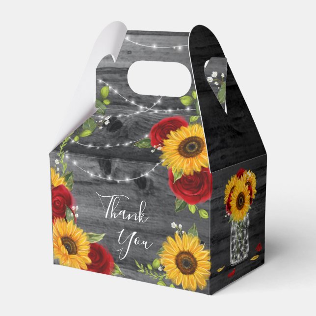 Rustic Sunflower Red Rose Wood Thank You Wedding Favor Box (Front Side)