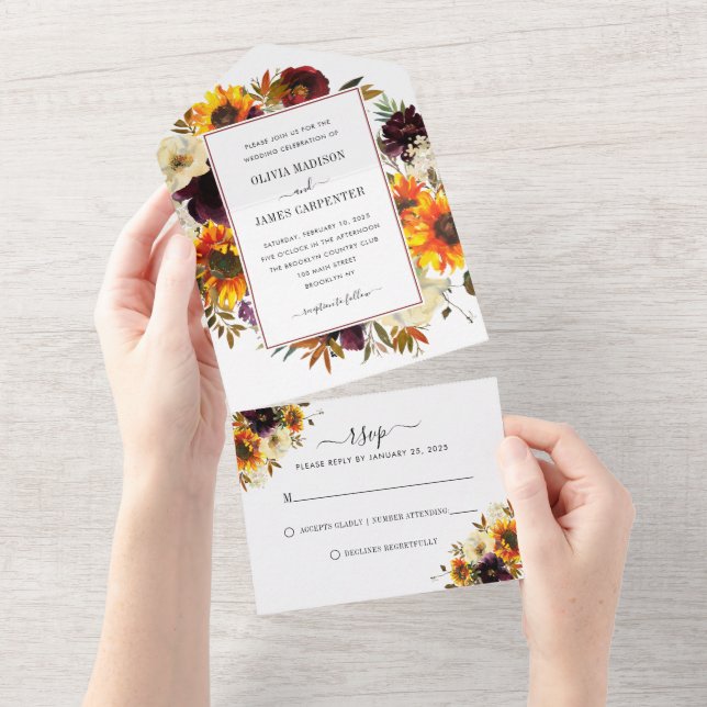 Rustic Sunflower Rose Burgundy Fall Floral Wedding All In One Invitation (Tearaway)