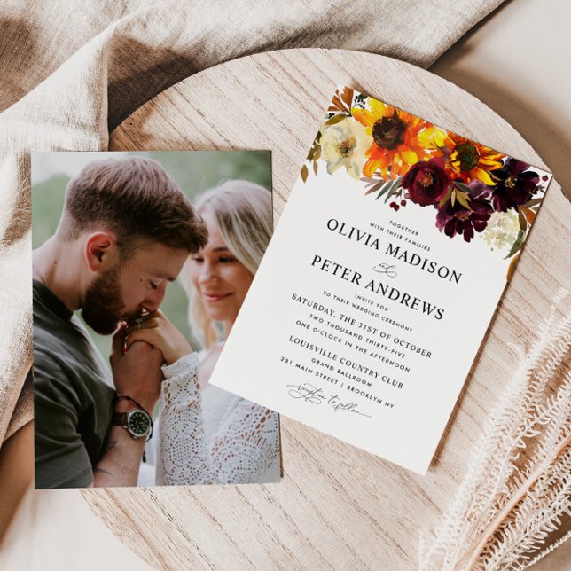 Rustic Sunflower Rose Burgundy Fall Photo Wedding Invitation (Creator Uploaded)