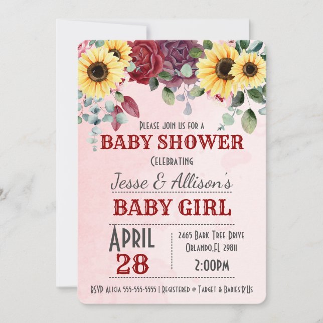 Rustic Sunflower/ Rose Floral Baby Shower  Invitat Invitation (Front)