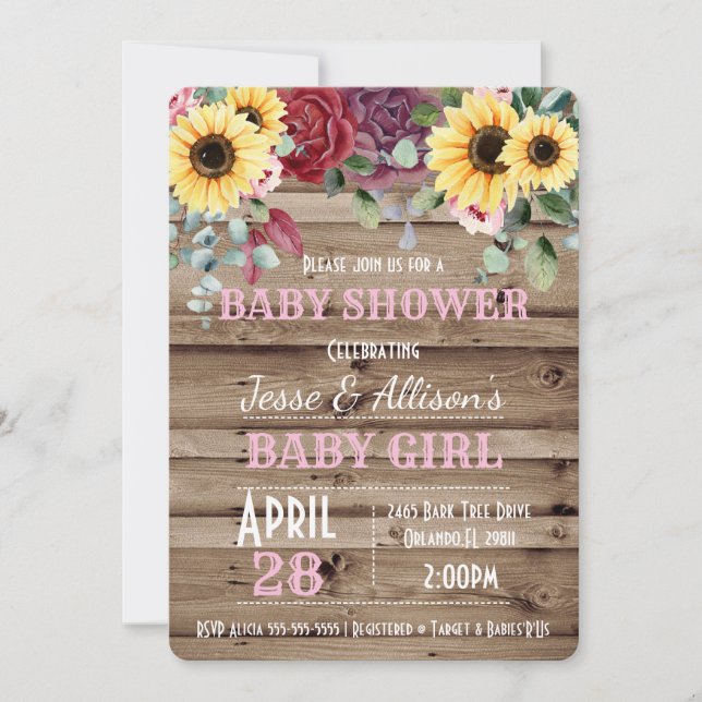 Rustic Sunflower/ Rose Floral Baby Shower  Invitation (Front)