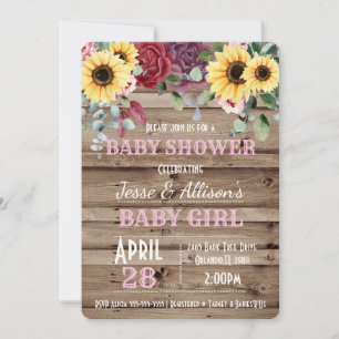 Rustic Sunflower/ Rose Floral Baby Shower Invitation