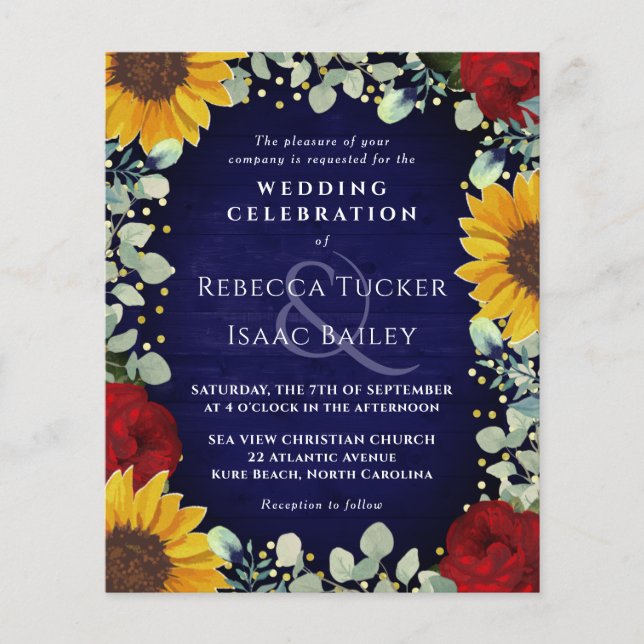 Rustic Sunflower Rose Navy Wood Wedding Invitation (Front)