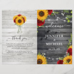 Rustic Sunflower Roses DIY Folded Wedding Program<br><div class="desc">Are sunflowers and red roses adding beauty to your wedding day? Here are DIY wedding programs that you can fold and easily personalize for your guests! The elegant watercolor floral design hand illustrated by Raphaela Wilson features burgundy roses along with golden yellow sunflowers arranged atop a grey vintage barn wood...</div>