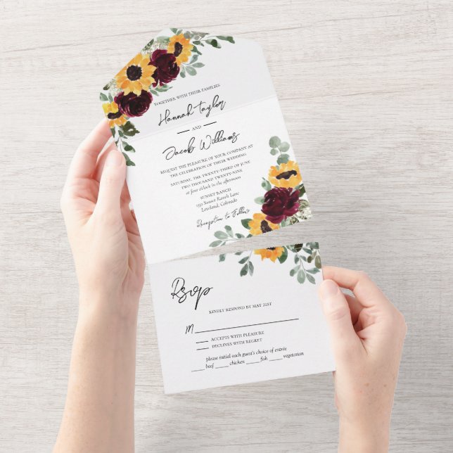 Rustic Sunflower Roses Fall Wedding with RSVP All In One Invitation (Tearaway)