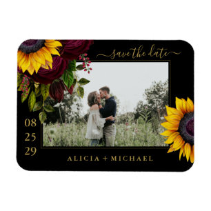 Rustic sunflower roses script save date wedding magnet