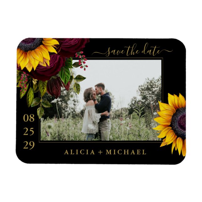Rustic sunflower roses script save date wedding magnet (Horizontal)