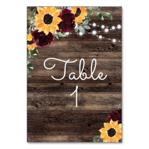 Rustic Sunflower Roses Wood Wedding Table Number