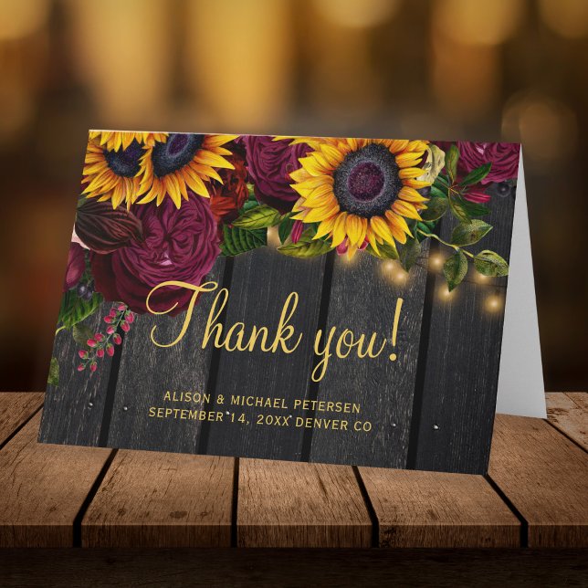 Rustic sunflower roses wood wedding thank you card (Creator Uploaded)