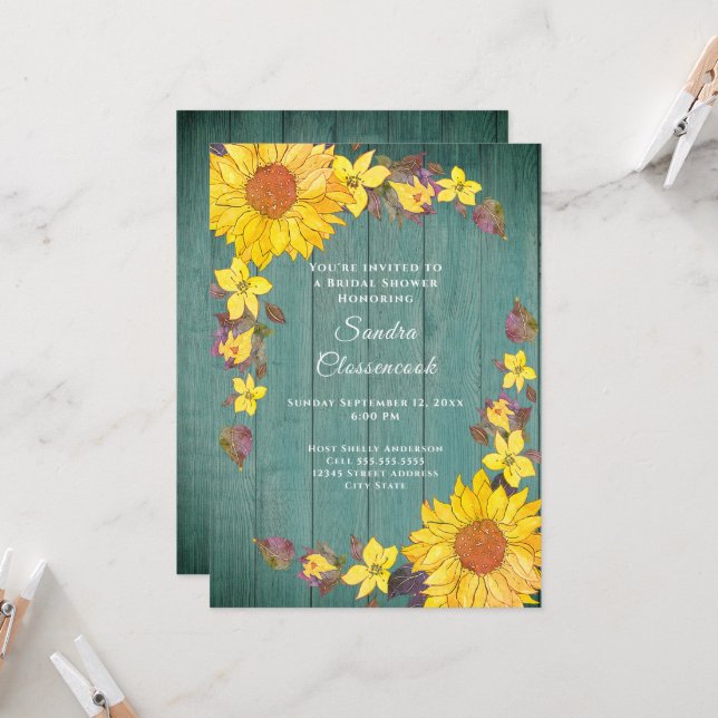 Rustic Sunflower Sage Wood Wedding Bridal Shower Invitation (Front/Back In Situ)