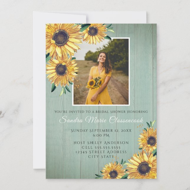 Rustic Sunflower Sage Wood Wedding Bridal Shower Invitation (Front)