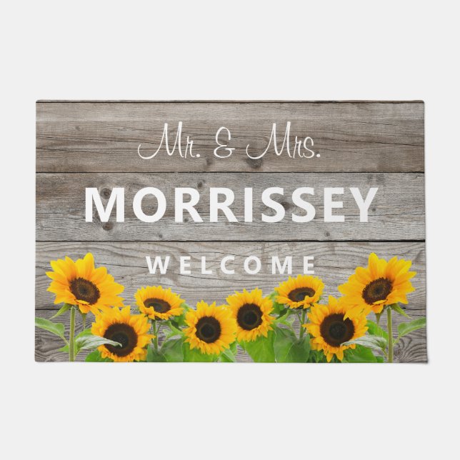 Rustic Sunflower Script Last Name Welcome Doormat (Front)