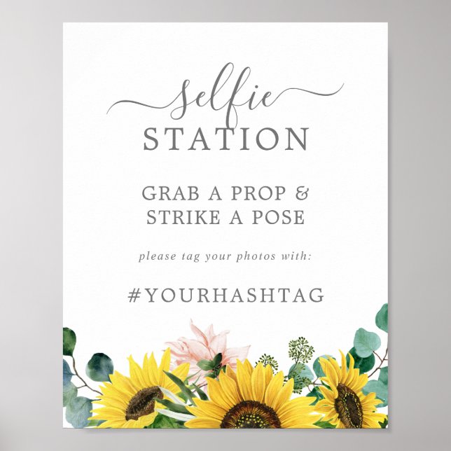 Rustic Sunflower Selfie Station Wedding Hashtag Poster (Front)
