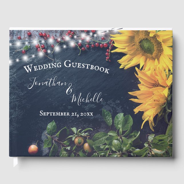 Rustic Sunflower, Slate and Lights Country Wedding Guest Book (Front)