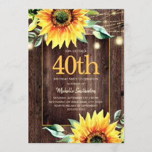 Rustic Sunflower String Light 40th Birthday Invitation