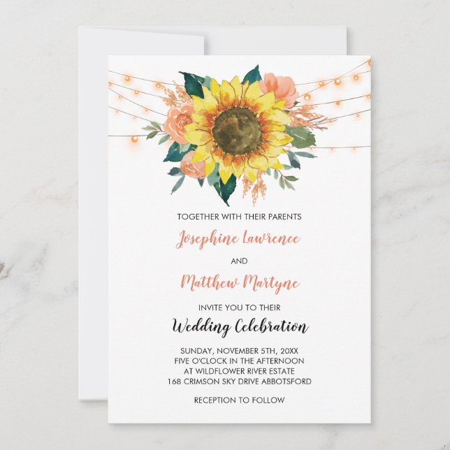 Rustic Sunflower String Light Peach Floral Wedding Invitation (Front)