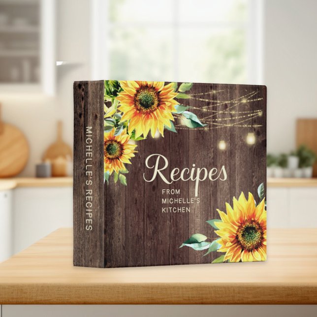 Rustic Sunflower String Light Recipe Cookbook Name Binder (Sunflowers and rustic wood custom recipe binder)