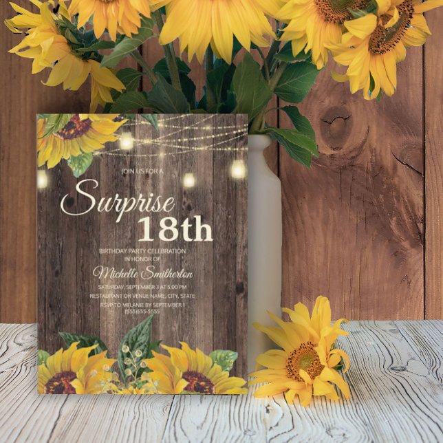 Rustic Sunflower String Light Surprise 18th Invitation (Creator Uploaded)