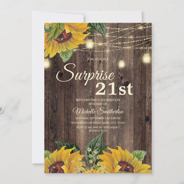 Rustic Sunflower String Light Surprise 21st Invitation (Front)