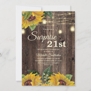 Rustic Sunflower String Light Surprise 21st Invitation