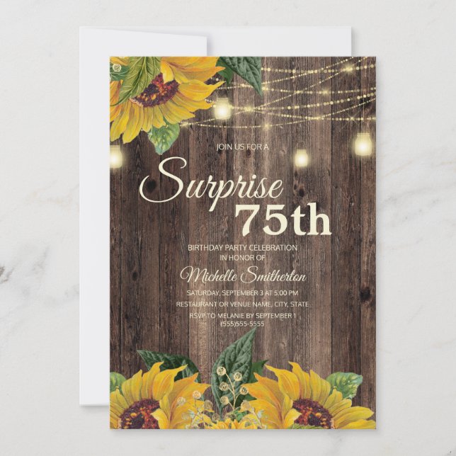 Rustic Sunflower String Light Surprise 75th Invitation (Front)