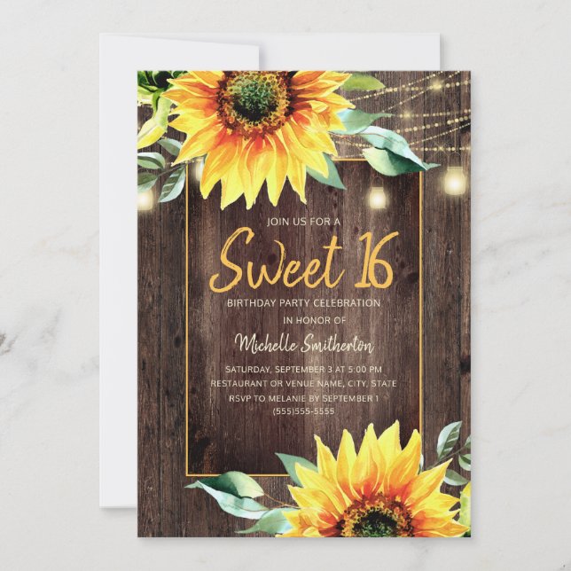 Rustic Sunflower String Light Sweet 16 Birthday Invitation (Front)