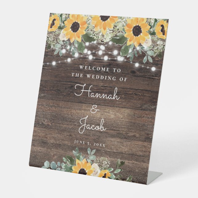 Rustic Sunflower String Light Wedding Welcome Pedestal Sign (Front)
