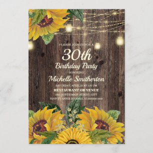 Rustic Sunflower String Lights 30th Birthday Invitation