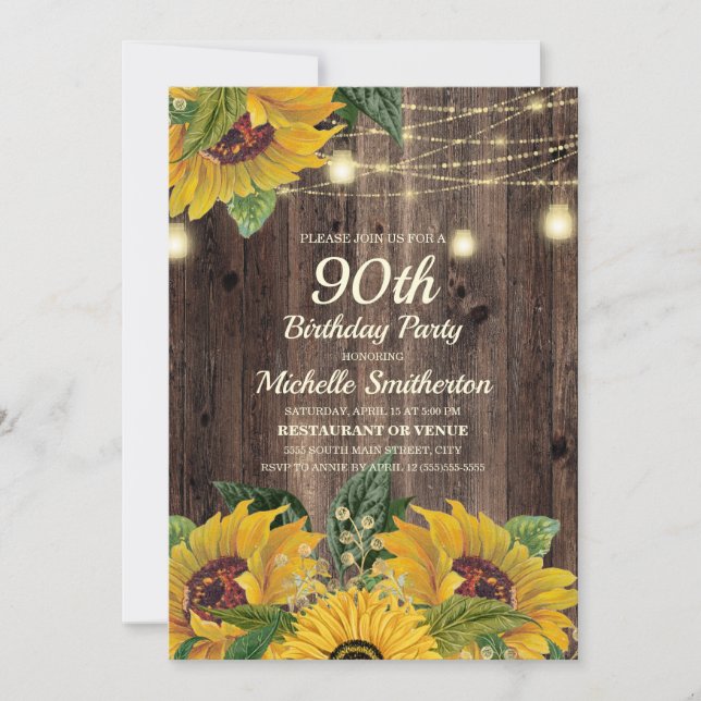 Rustic Sunflower String Lights 90th Birthday Invitation (Front)