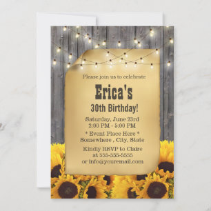 Rustic Sunflower String Lights Barn Wood Birthday Invitation