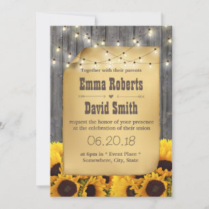 Rustic Sunflower String Lights Barn Wood Wedding Invitation